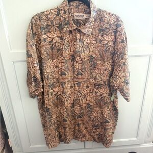 Tan, blue, green Casual Button Down Shirt with Intricate leaf Pattern